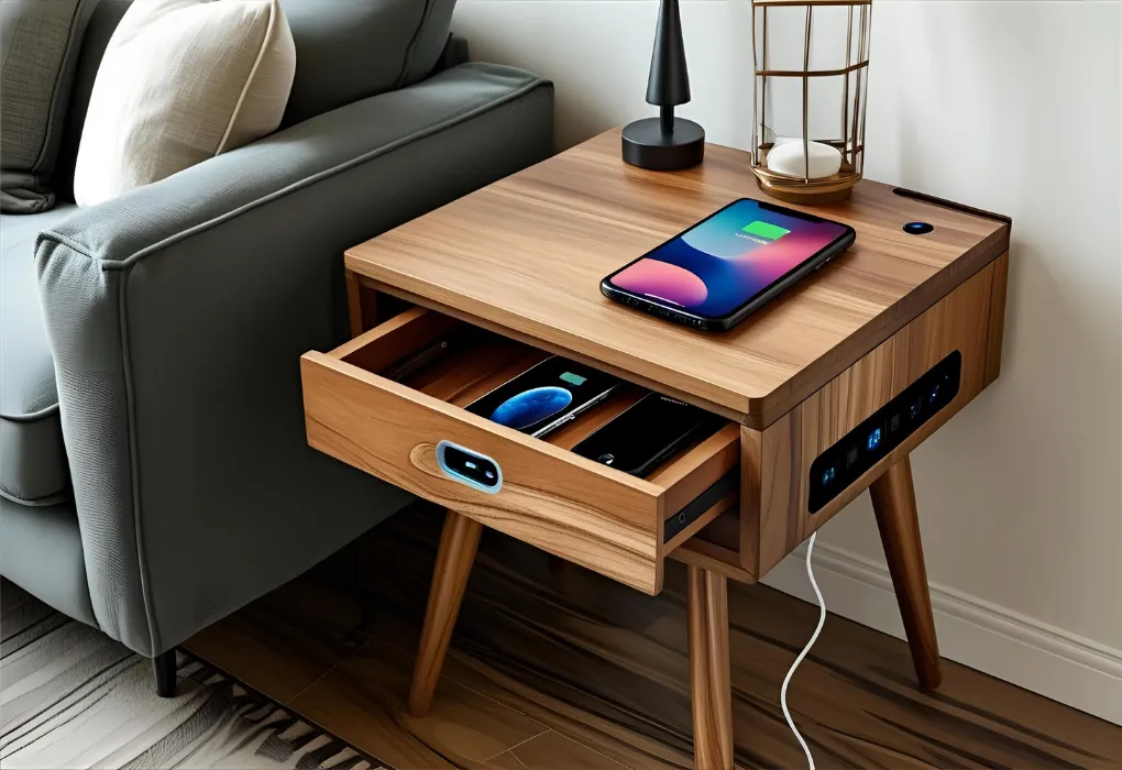 Smart side table with built-in tech features and clean styling