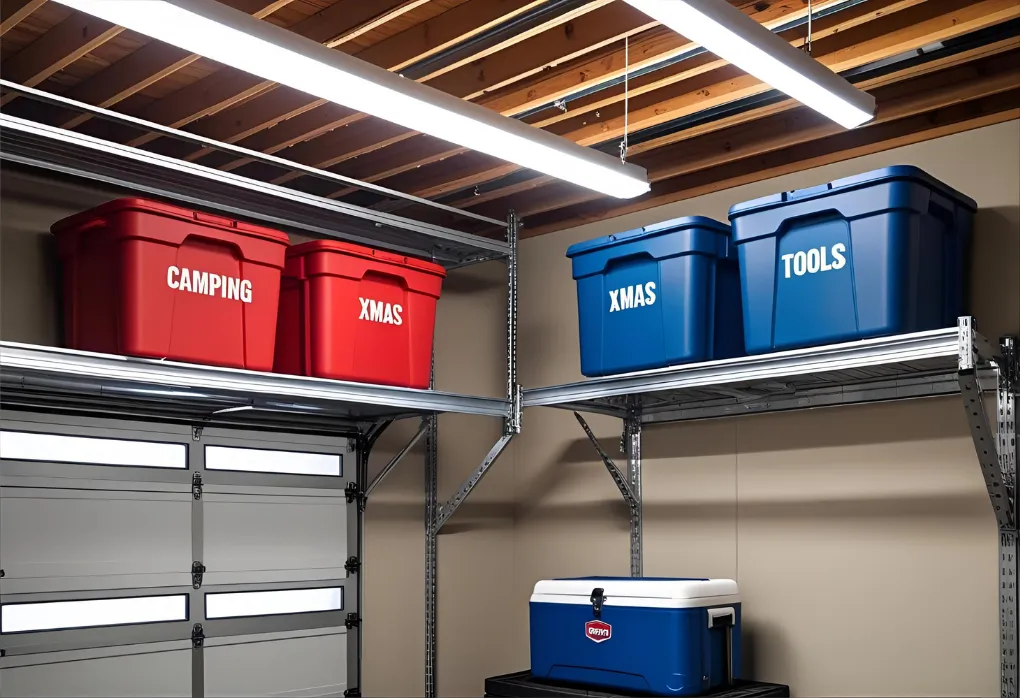 ceiling-mounted tote racks in garage

