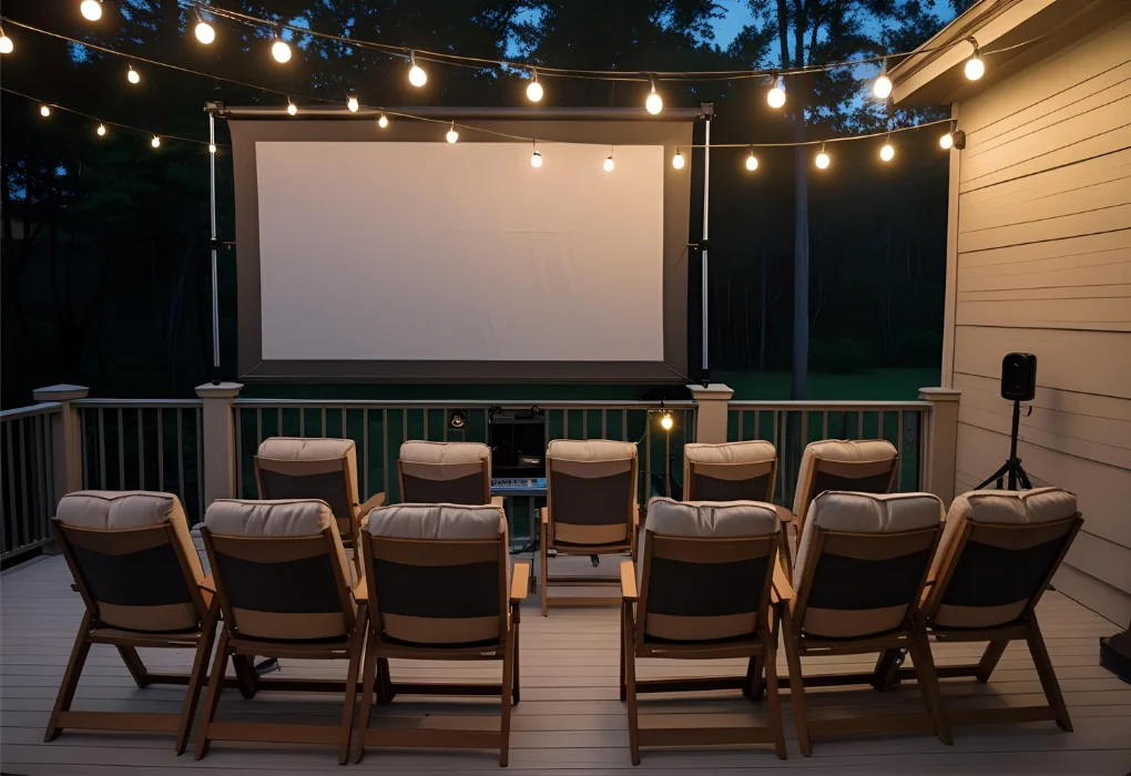 Outdoor balcony theater with foldable seats and projection screen