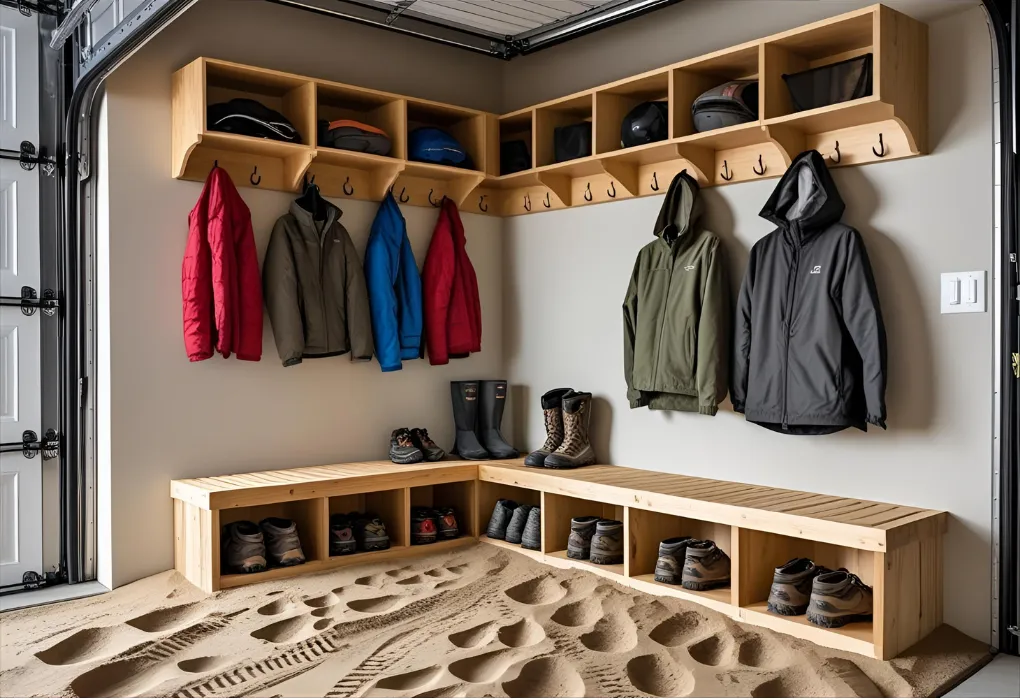 garage mudroom with cubbies and gear

