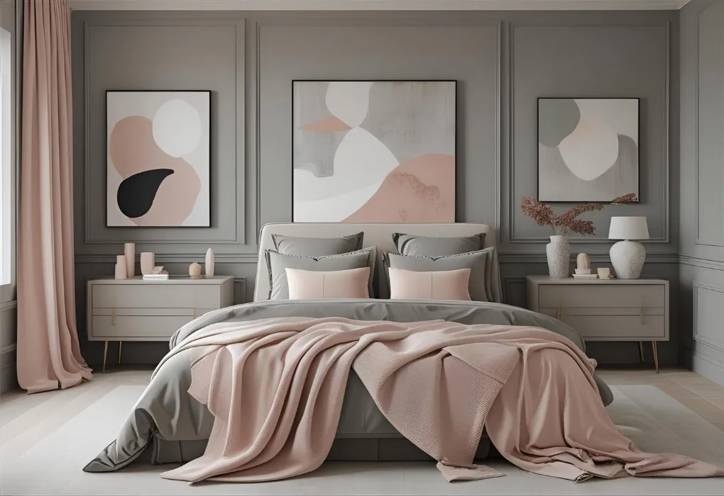 blush and gray relaxing bedroom

