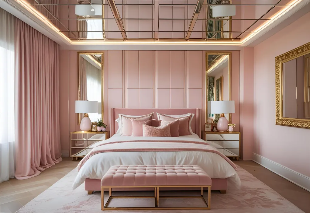 mirrored ceiling in stylish bedroom

