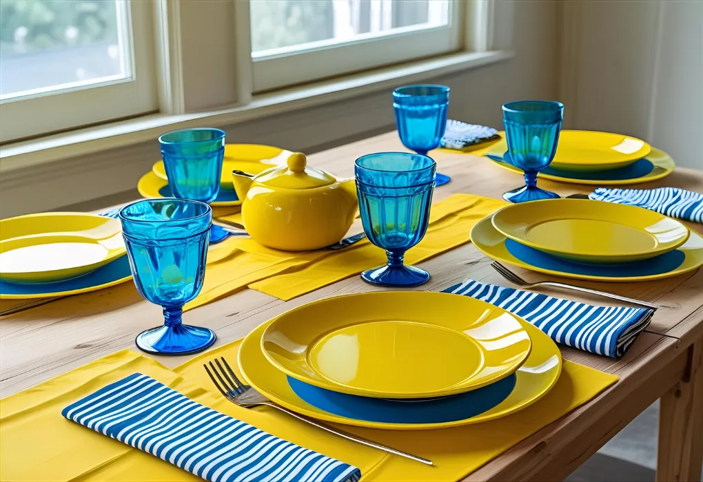 Bold colorful tableware on dining table