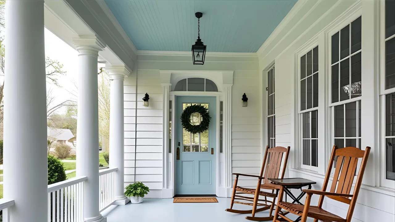 Porch with blue ceiling