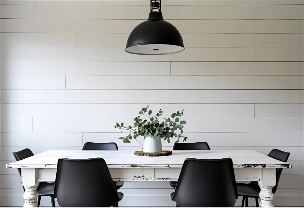 Farmhouse-modern dining room with shiplap