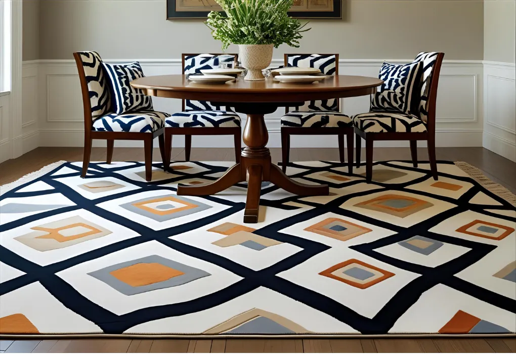 Dining room with bold patterned rug
