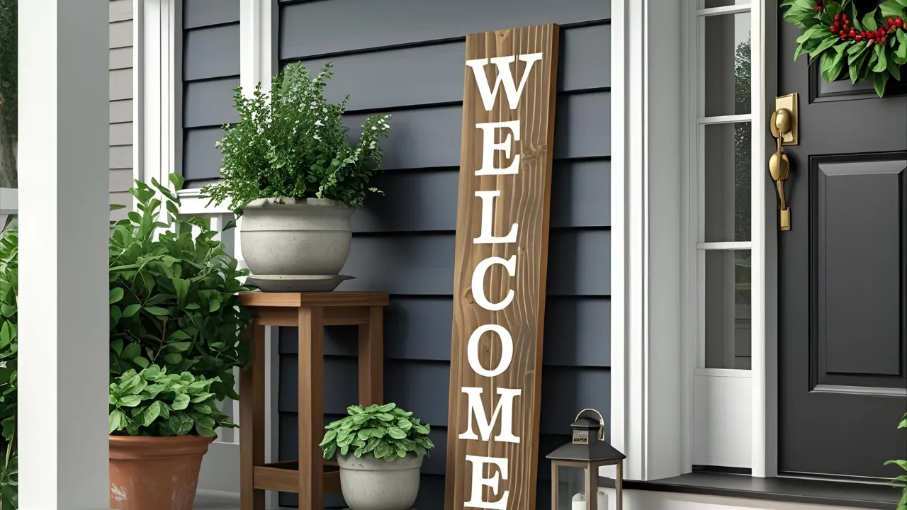 Welcome sign on porch