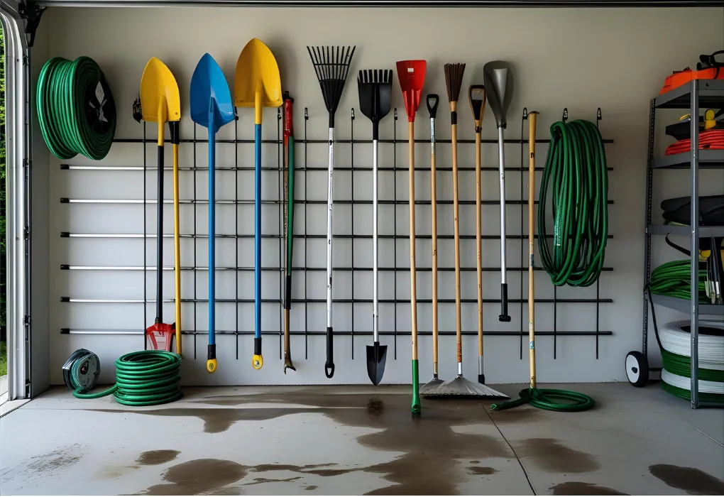vertical garage tool wall with hoses

