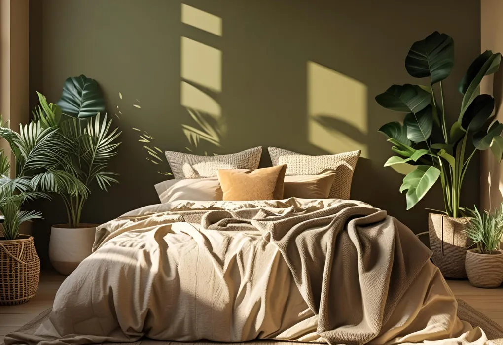 earthy green and beige bedroom

