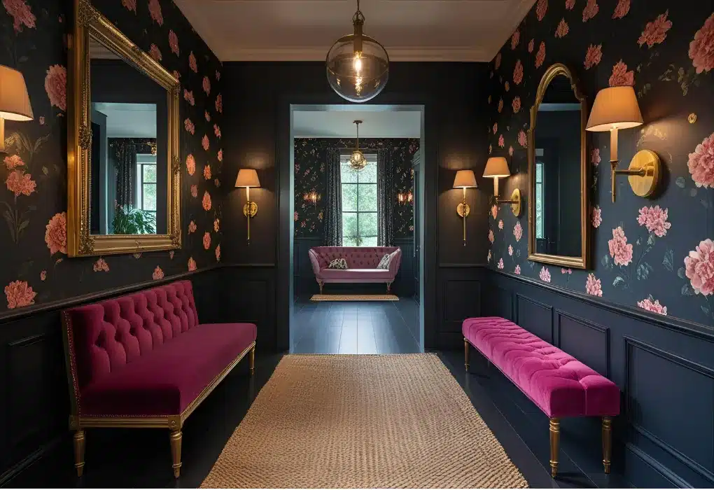 Entryway with bold wallpaper and bench