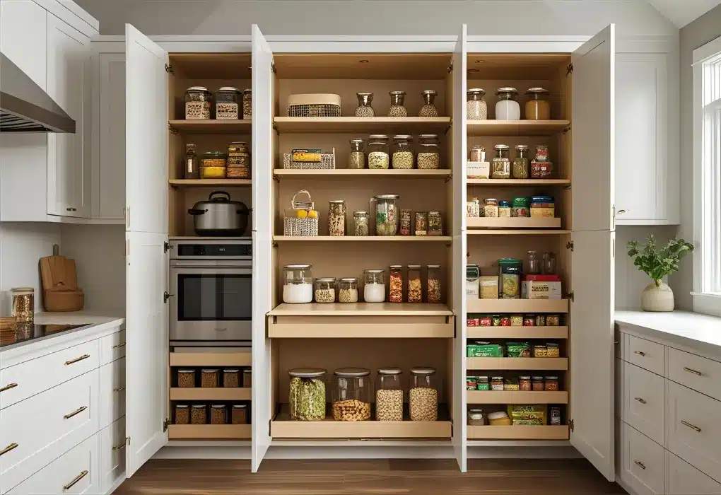 Concealed pantry behind kitchen doors