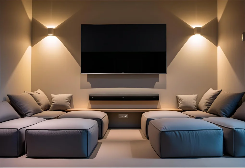 Modular ottoman seating facing LED TV in a cozy dark room