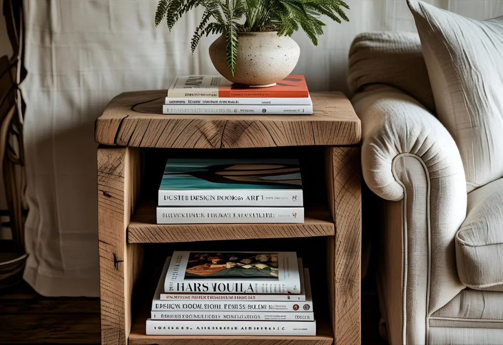 Books and magazines layered on a rustic side table beside a linen couch