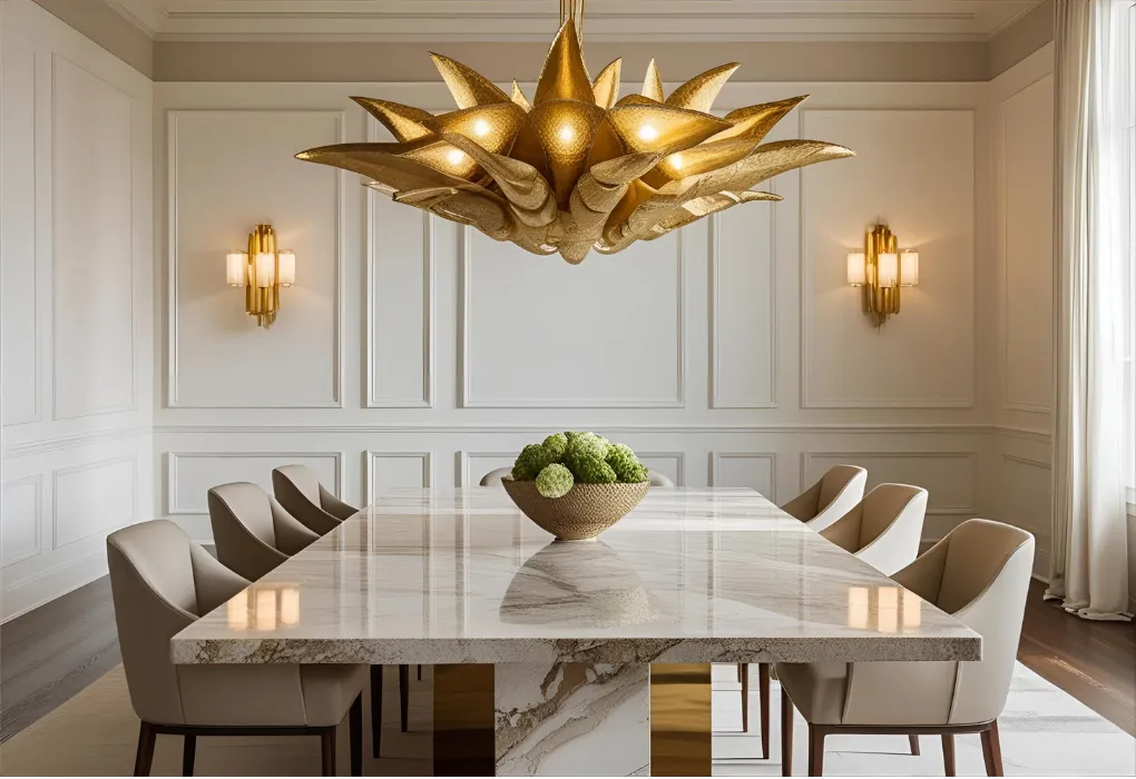 Dining area with statement gold chandelier