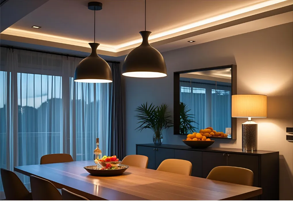 Dining room with layered lighting setup