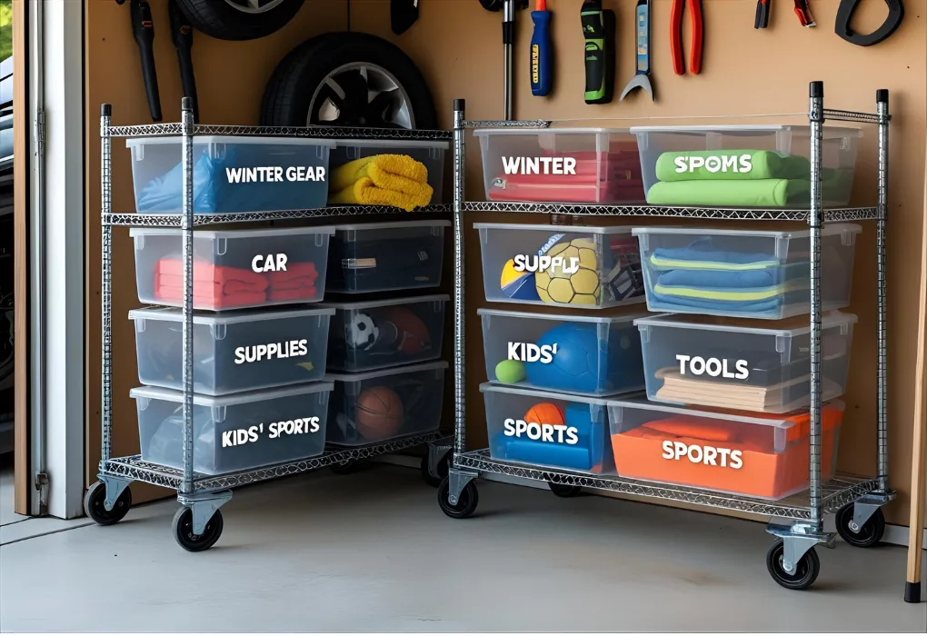 rolling bins in garage corner

