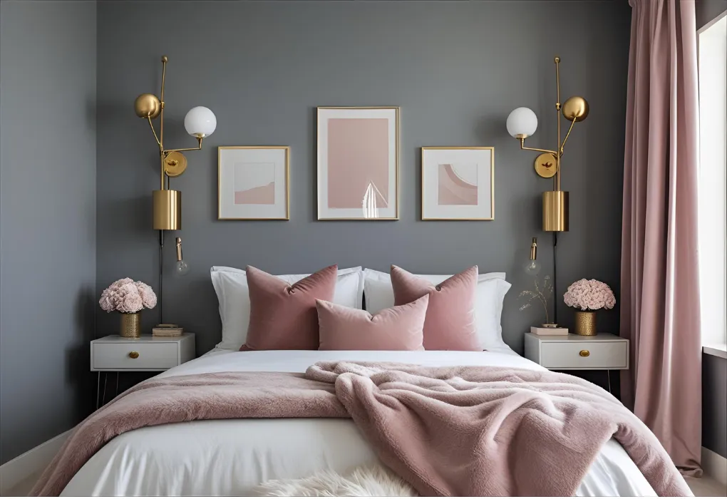 gray and rose cozy bedroom

