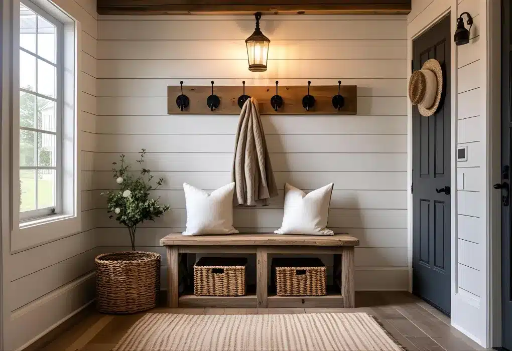 Farmhouse style entrance with rustic bench