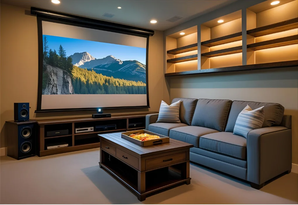 Convertible sofa bed in front of a projector screen with smart storage
