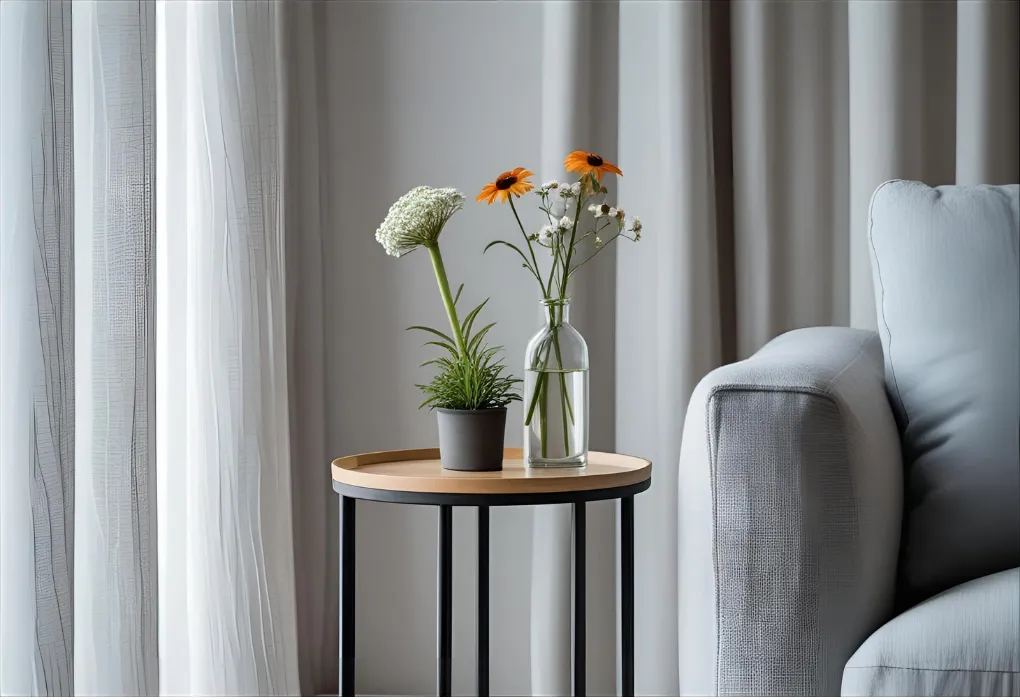 A plant and flowers adding freshness to a minimal side table setting