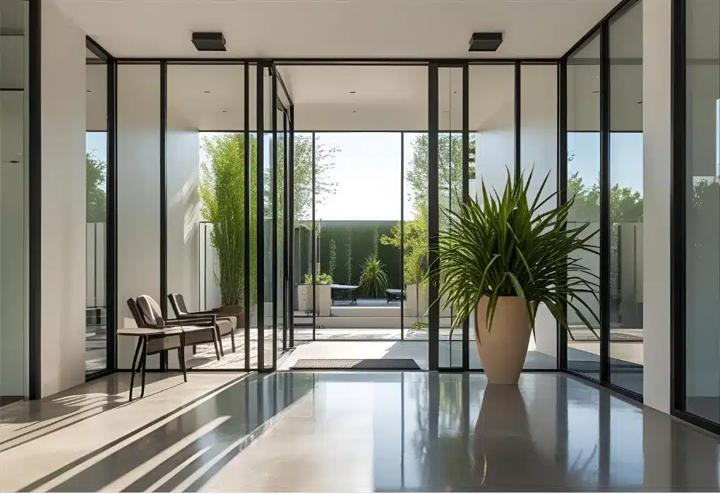 Bright entrance with glass and metal accents