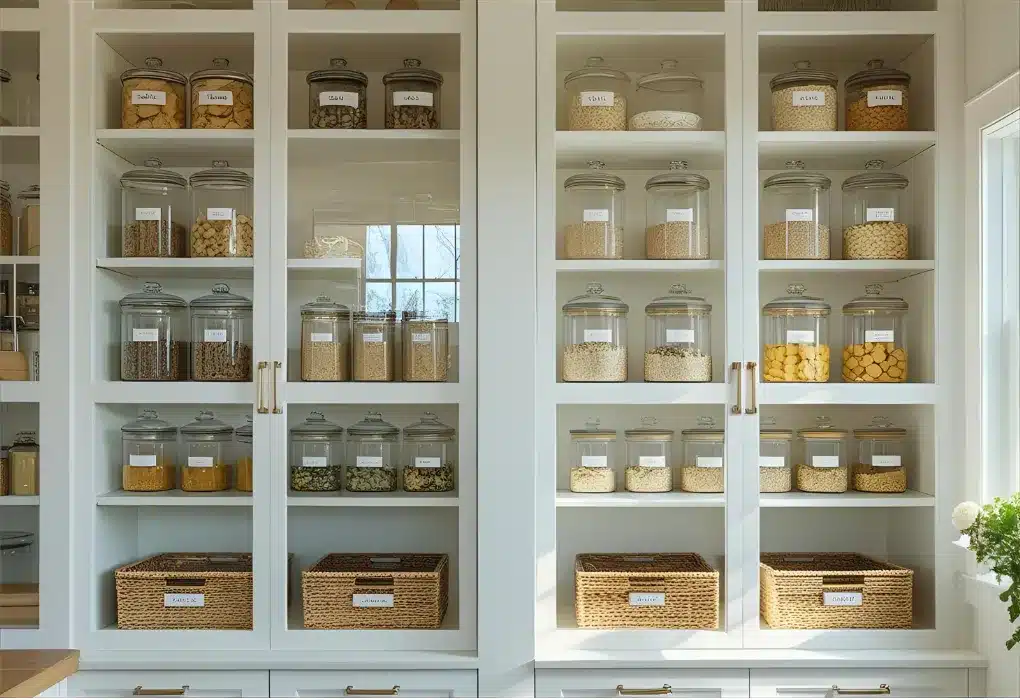 Glass pantry cabinets with jars