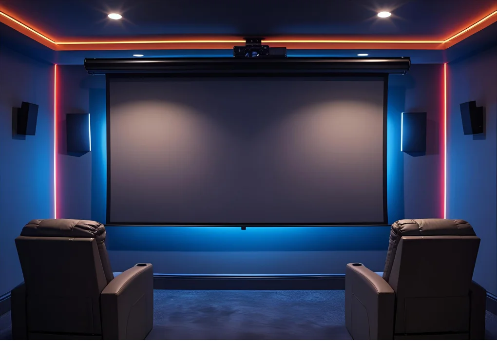 Home theater with dim LED lights and drop-down projector screen