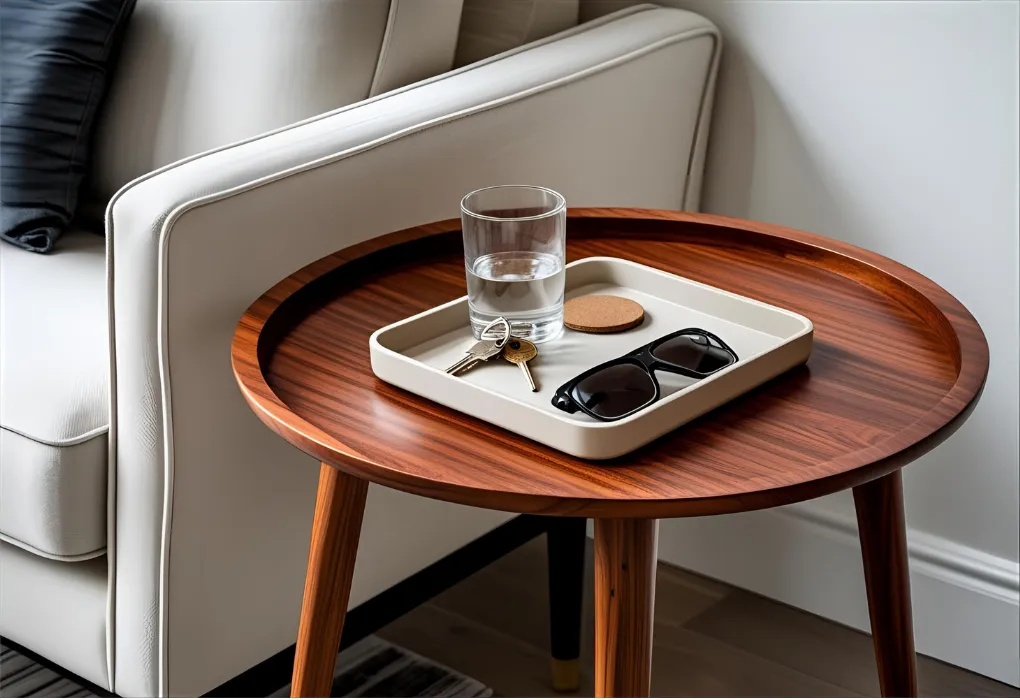 Neatly organized side table with tray and everyday items