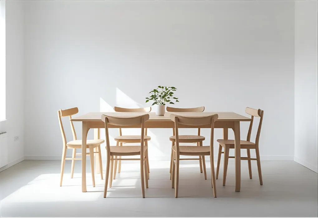 Minimalist dining room with wood and white decor