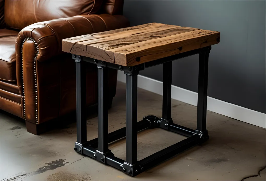 Industrial side table with metal frame next to a leather couch