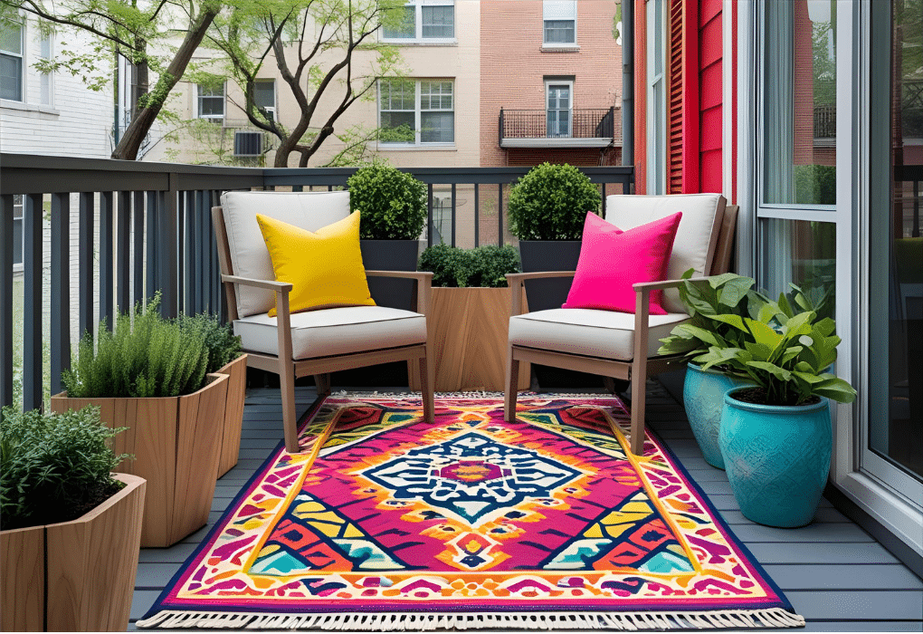 colorful outdoor rug on balcony