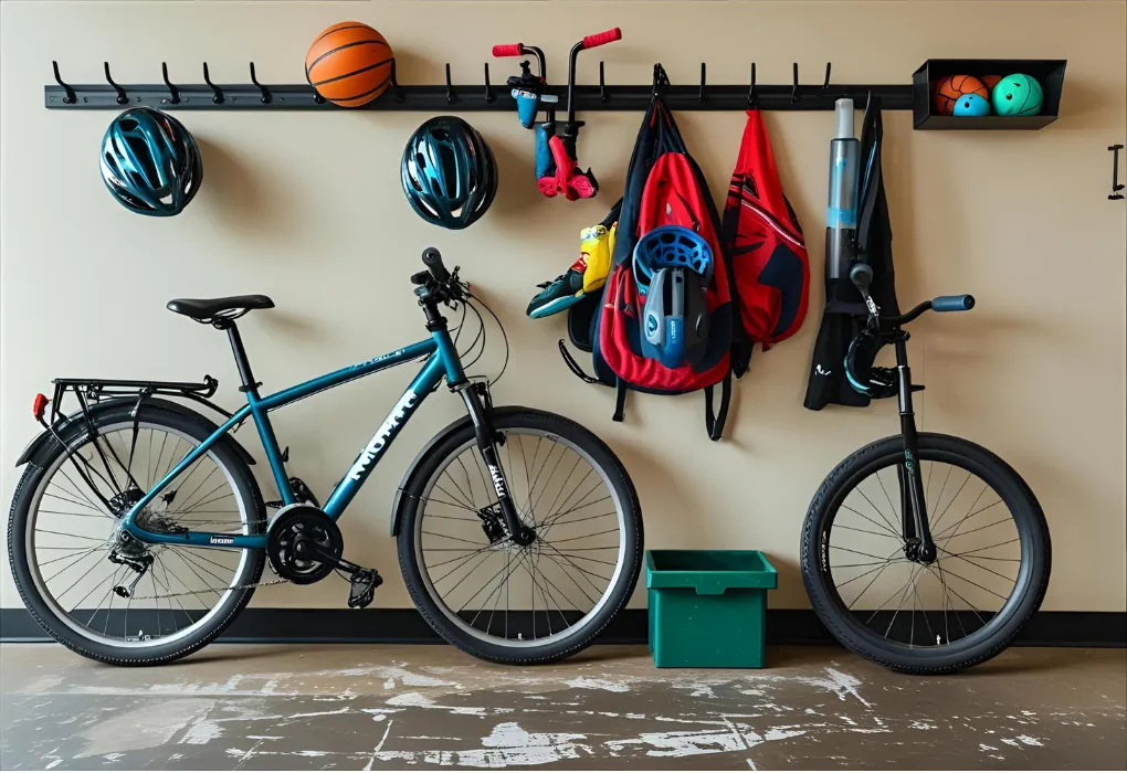 garage bike wall with gear storage

