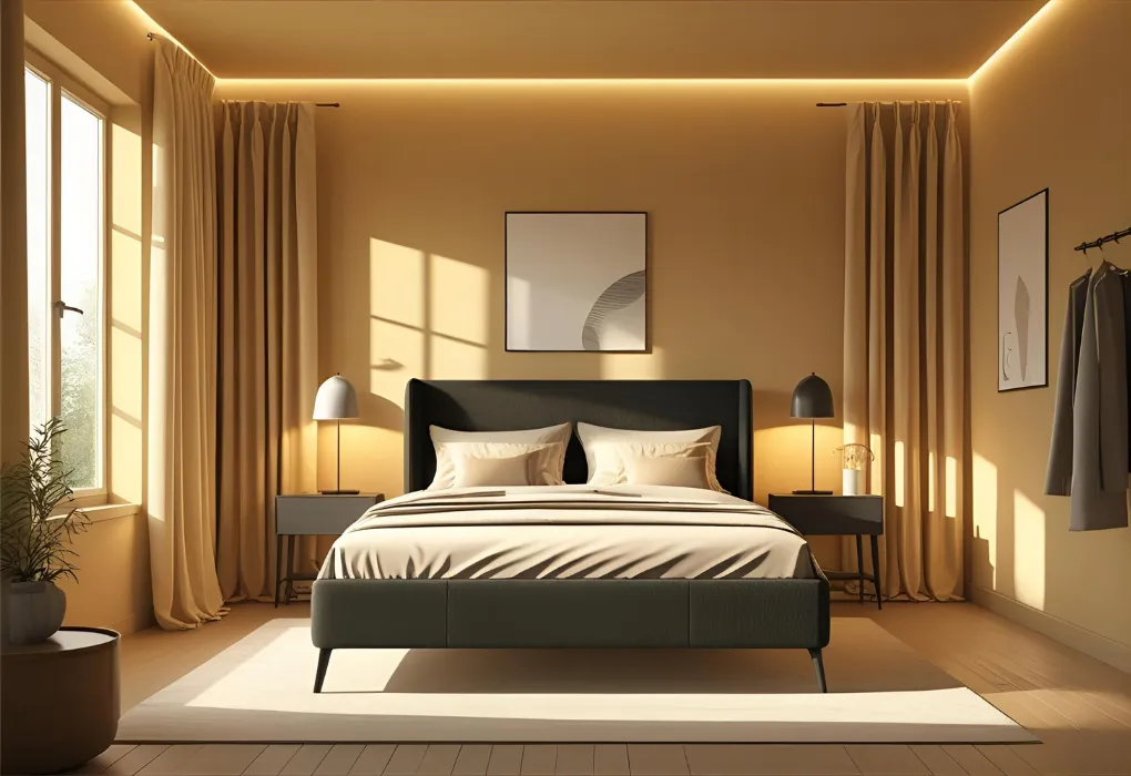 gold and charcoal moody bedroom

