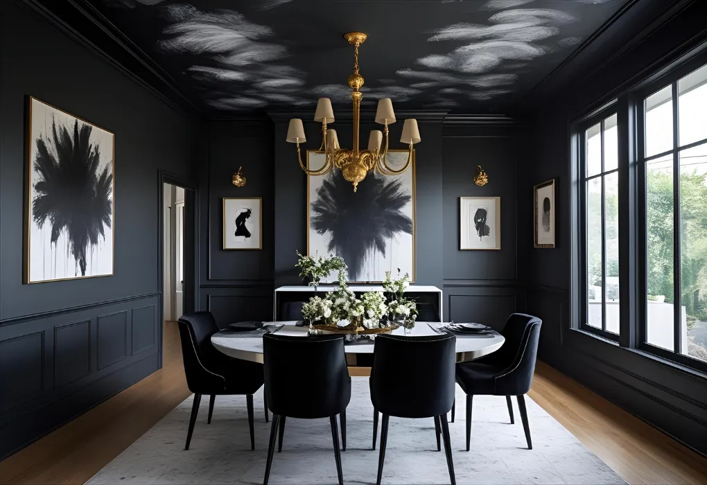 dark painted ceiling in dining room

