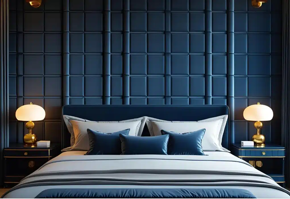 Velvet wall panels behind bed
