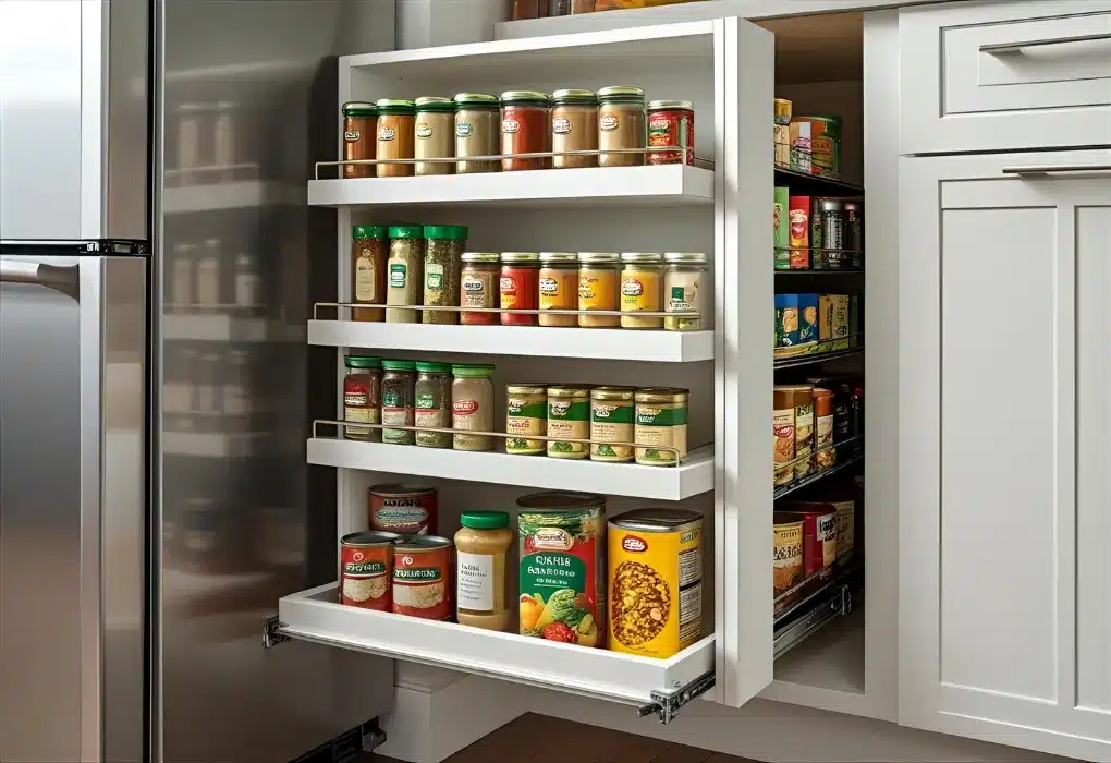 Slim pull-out pantry beside fridge