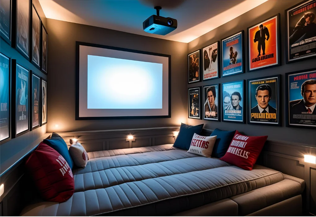 Movie-themed basement with posters and ceiling-mounted projector