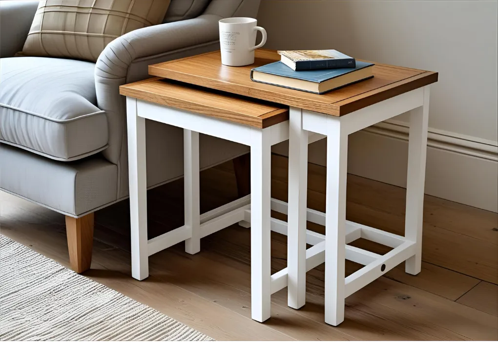 Compact nesting tables styled beside a cozy chair