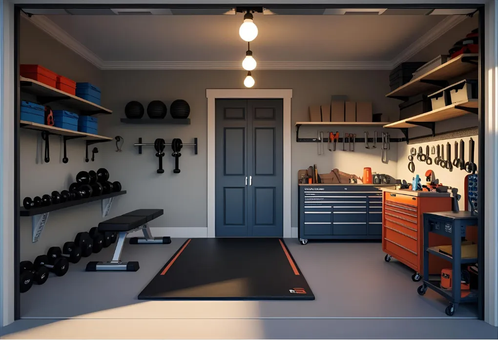 garage gym and workspace combo

