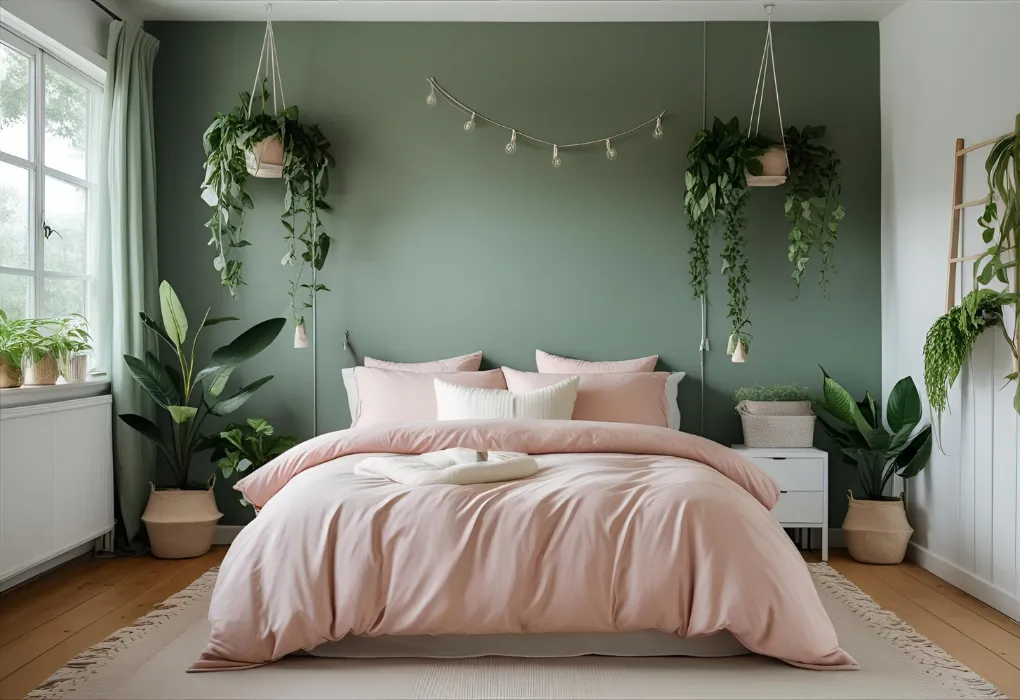 pink and green fresh bedroom

