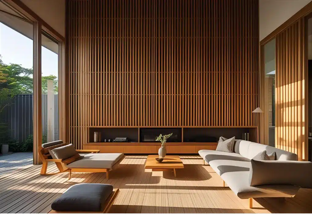 Wooden slat wall in living room