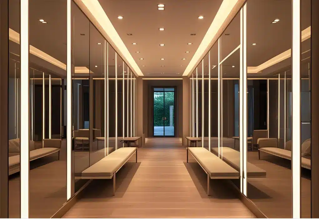 Narrow hallway with mirrors and lighting