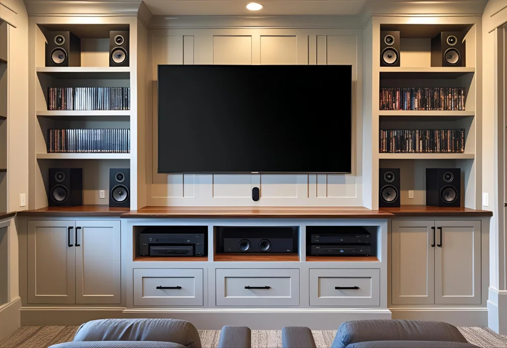Vertical shelving flanking a large LED screen in a small space