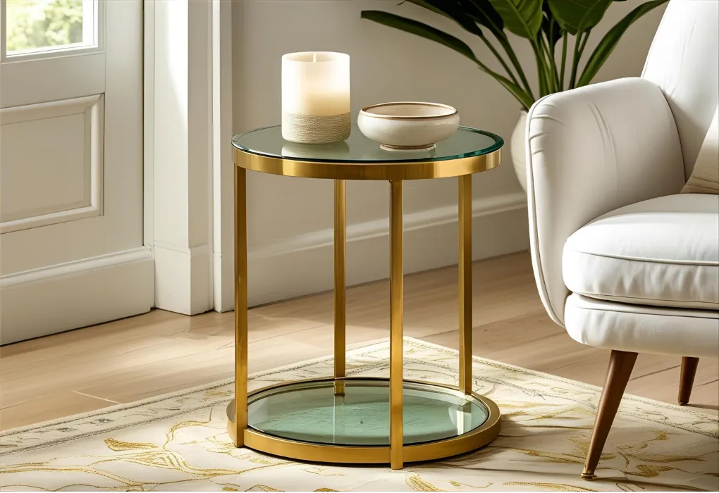 Airy glass top side table with elegant gold details