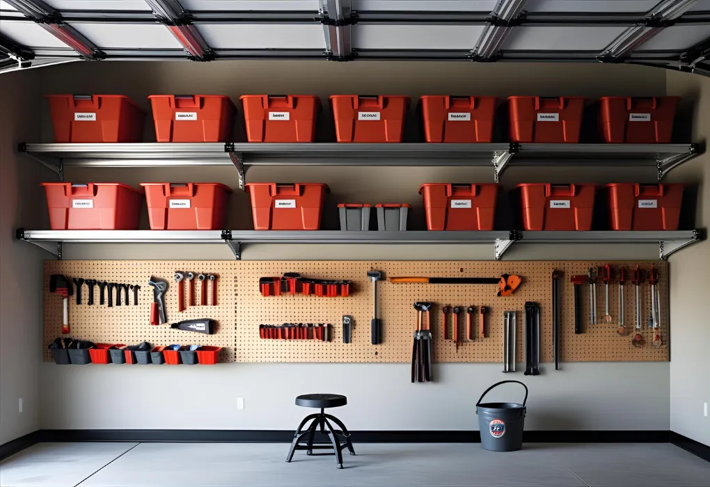 ceiling bins and pegboard in garage

