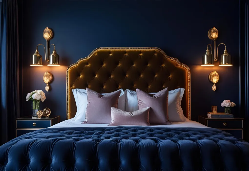 navy and gold luxury bedroom

