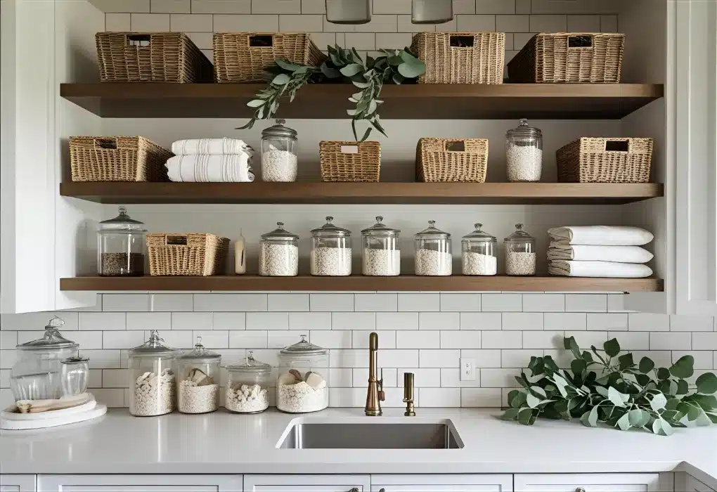 Open kitchen shelves with pantry items