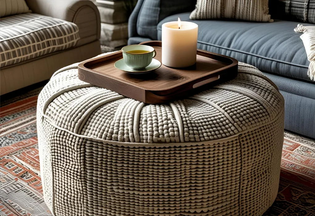 Ottoman doubling as a tray-styled soft side table