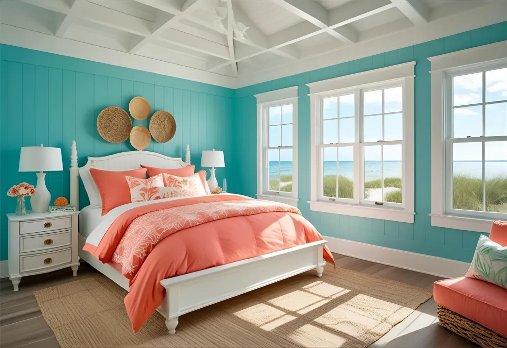 aqua and coral cheerful bedroom

