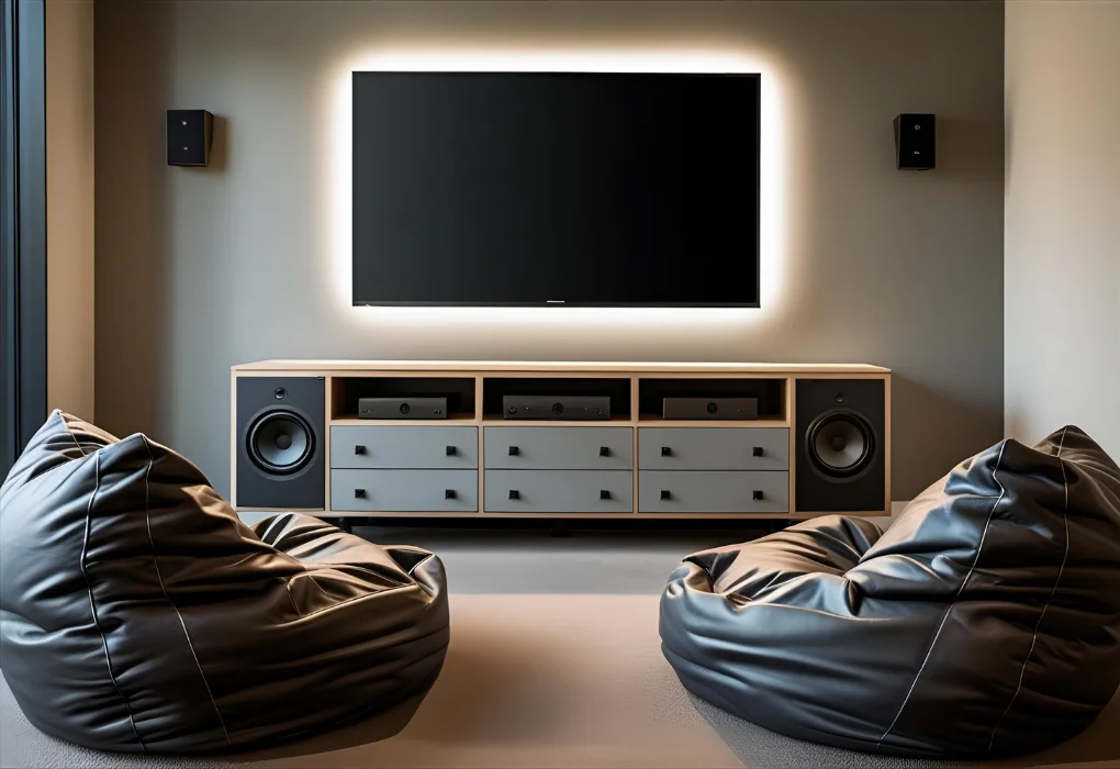 TV console with LED screen and soft beanbag seating